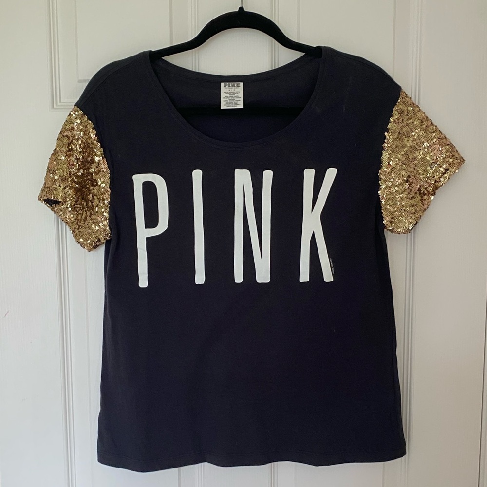 PINK Victoria’s Secret Black Tee with Gold Sequin Sleeves